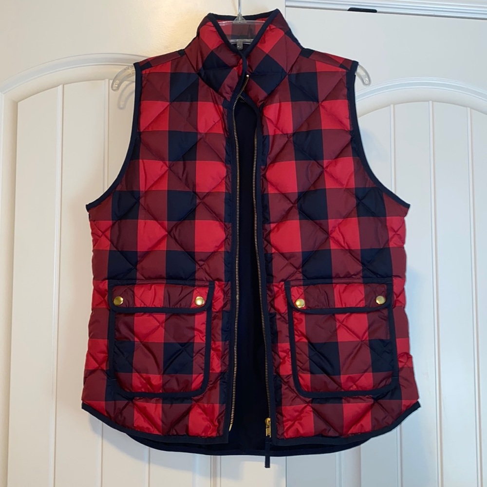 J. Crew red/navy print down Vest